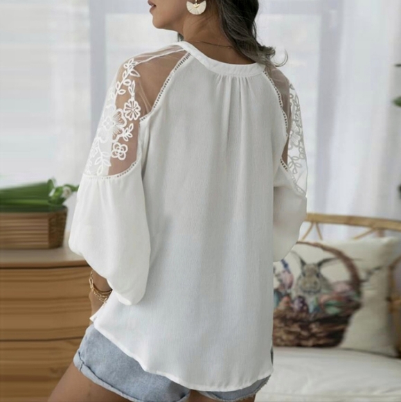 NEW Boho Embroidered Sheer Bishop Sleeve Gypsy Top Off White - Picture 8 of 10